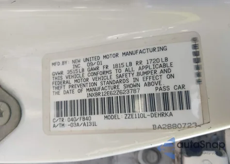 2002 Toyota Corolla Ce z USA, uszkodzony, nr VIN 1NXBR12E62Z623787